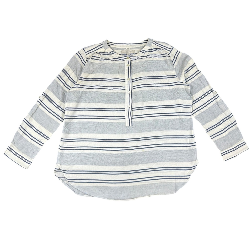 LOFT Womens Striped Henley Tunic Top Blue White Cotton Long Sleeve Large